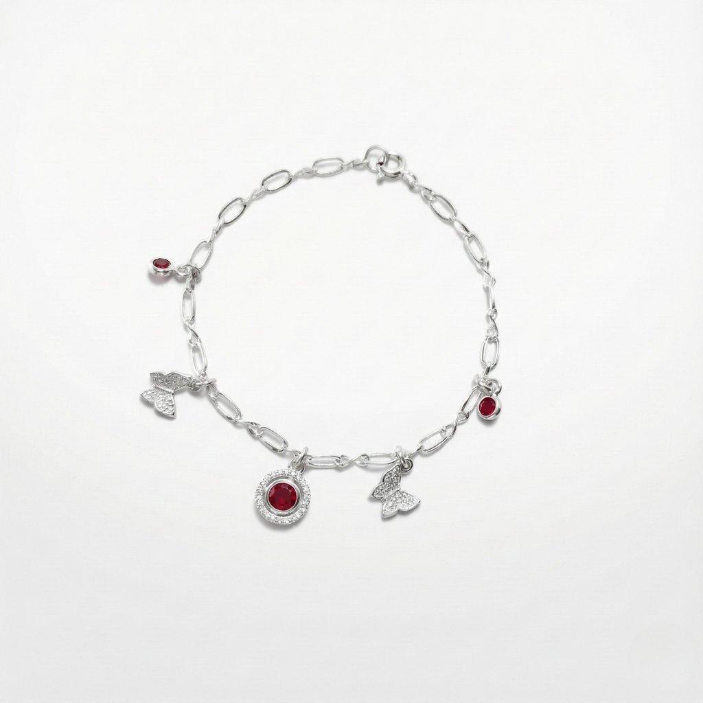 Pulsera Carmín Real con Mariposas y Piedras Rojas